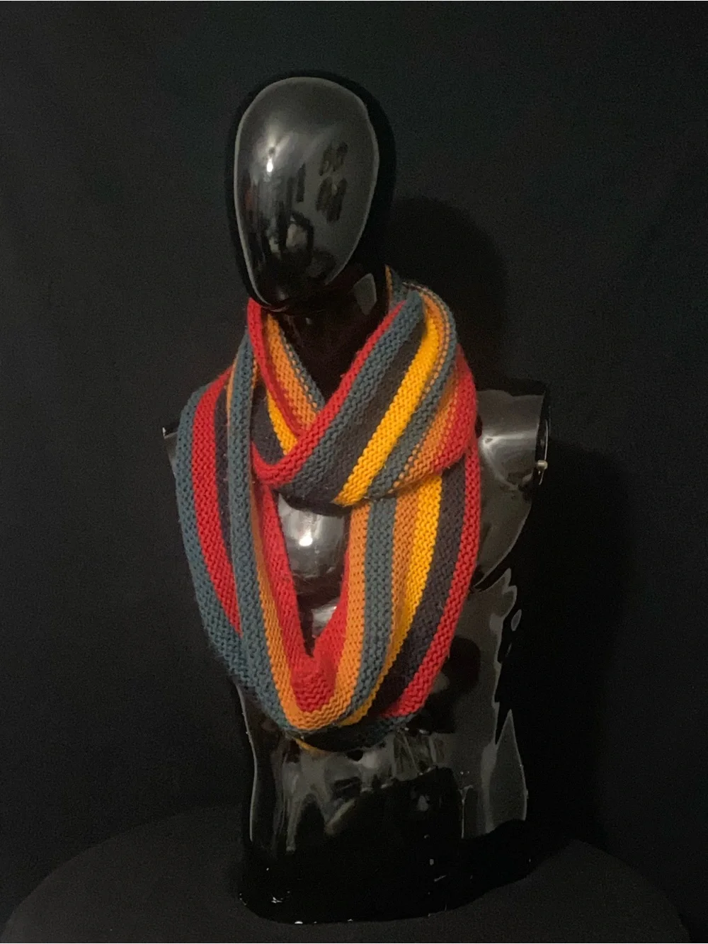 Striped Knit Infinity Scarf in Red, Mustard, Teal, and Blue